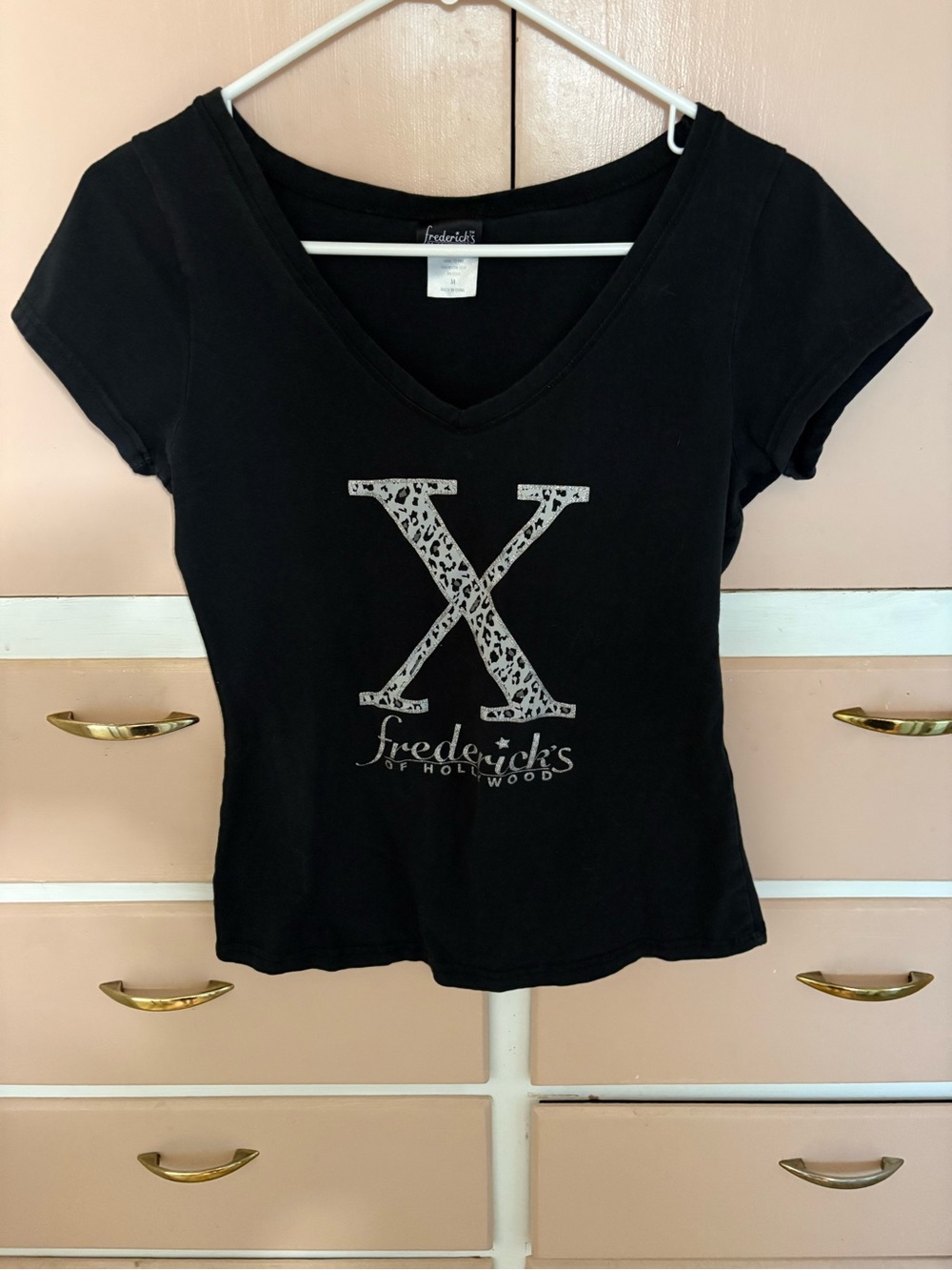 Frederick's of Hollywood Black V-Neck Tee with Leopard 'X'